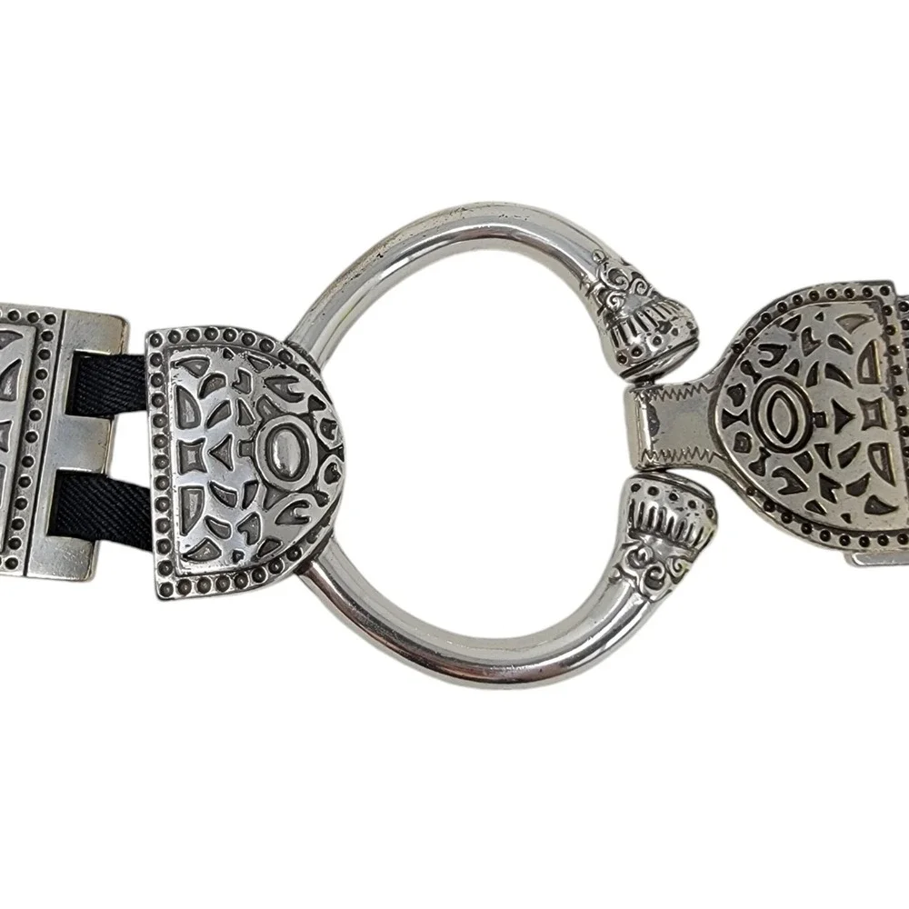 Vtg Silver Tone Belt Womens 2X Metal Squares Elastic Stretch Heavy Artsy Boho‎